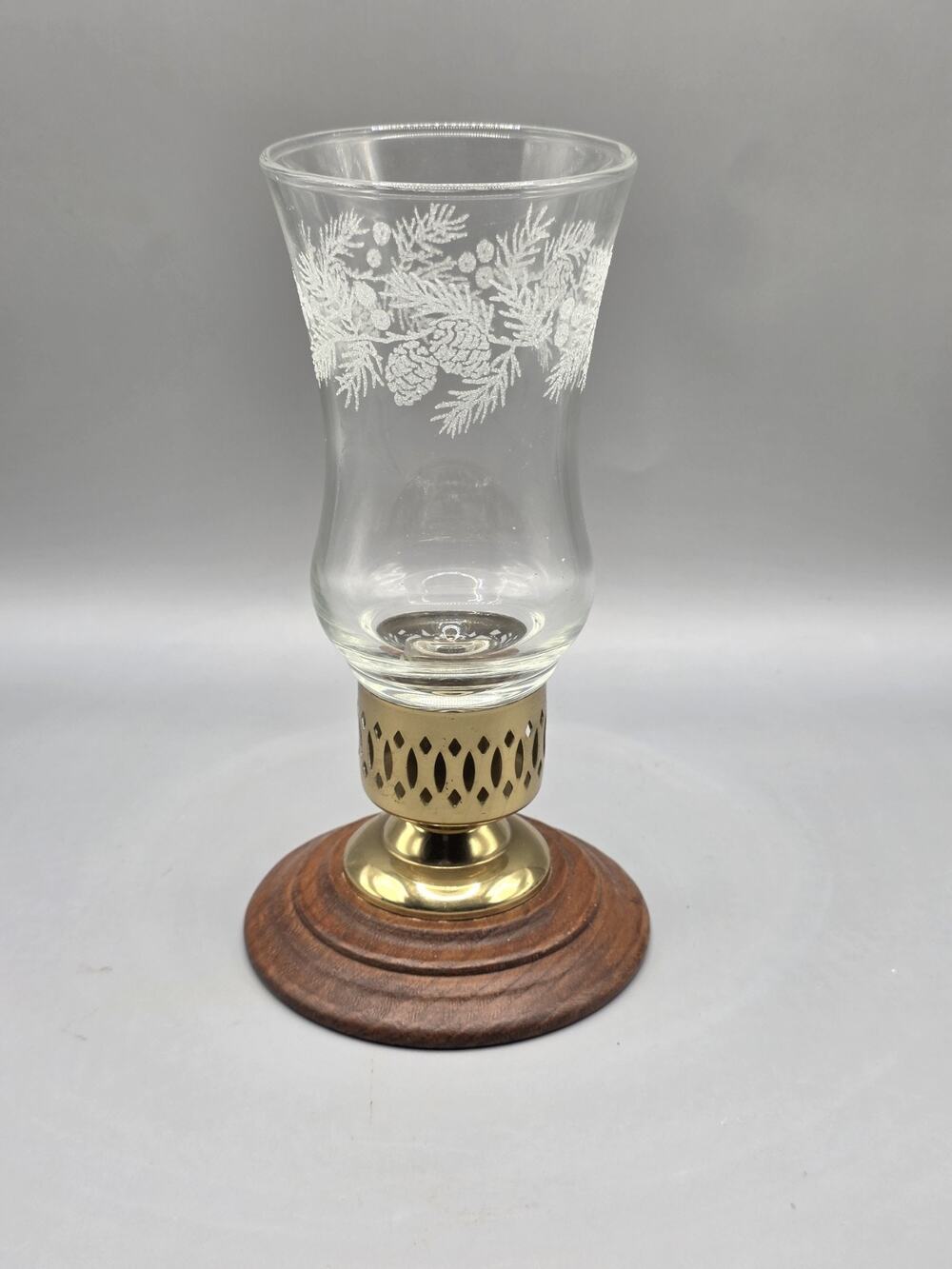 Vintage Home Interior Hurricane Candle Holder Clear Etched Pinecone Wood...